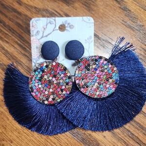 Multicolor Sequin and Blue Fringe Earrings